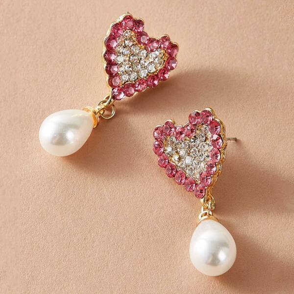 

1pair Rhinestone Heart Faux Pearl Drop Earrings, Multicolor