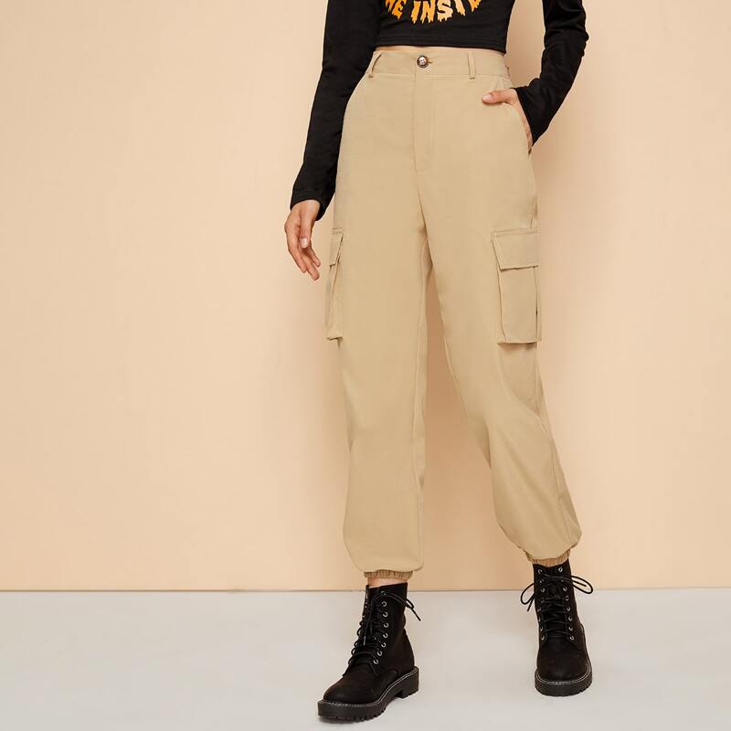 

High Waist Solid Cargo Joggers, Beige