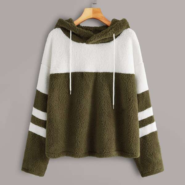 

Contrast Panel Striped Drawstring Teddy Hoodie, Army green