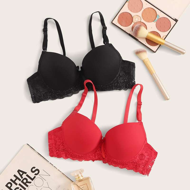 

2pack Contrast Lace Underwire Bra Set, Multicolor