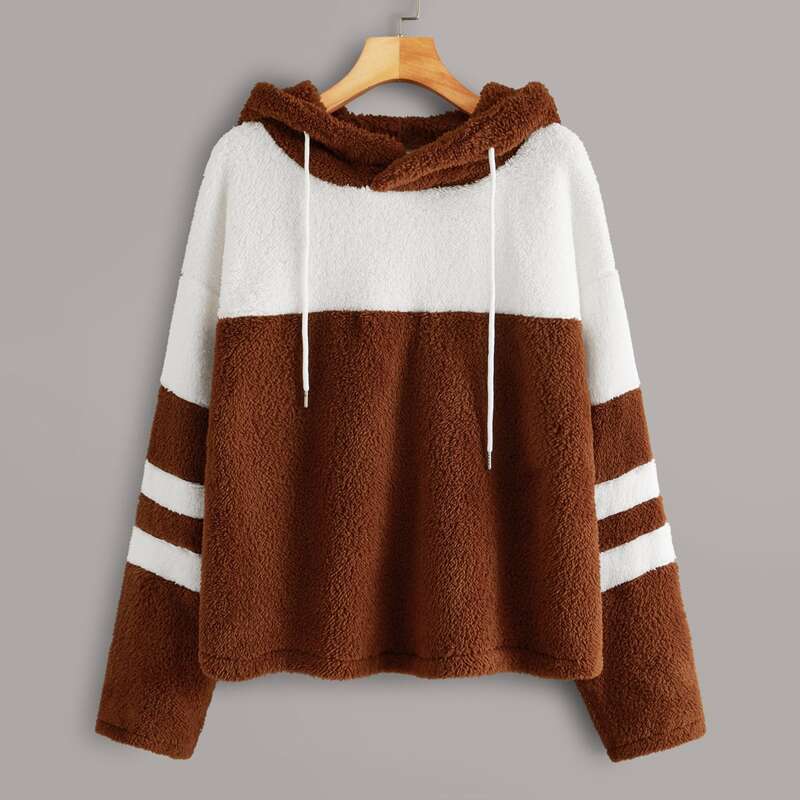 

Contrast Panel Striped Drawstring Teddy Hoodie, Brown