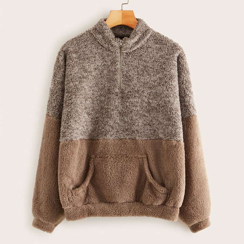 

Two Tone Kangaroo Pocket Teddy Sweatshirt, Multicolor