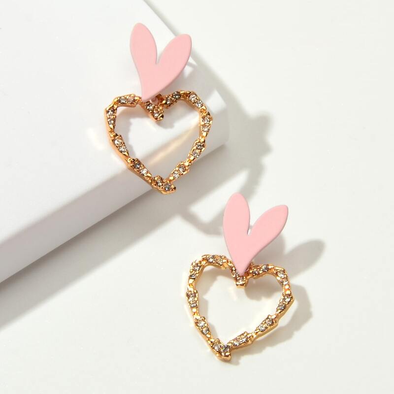 

1pair Rhinestone Open Heart Earrings, Multicolor