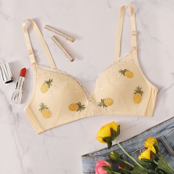 

Pineapple & Floral Embroidery Bra, Beige