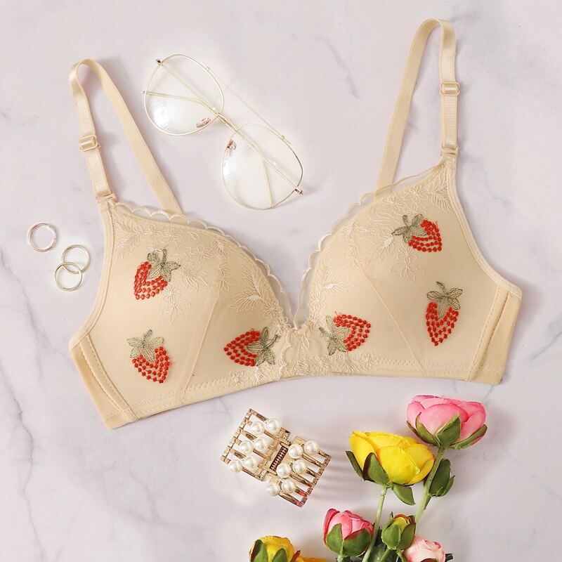 

Strawberry & Floral Embroidery Bra, Beige