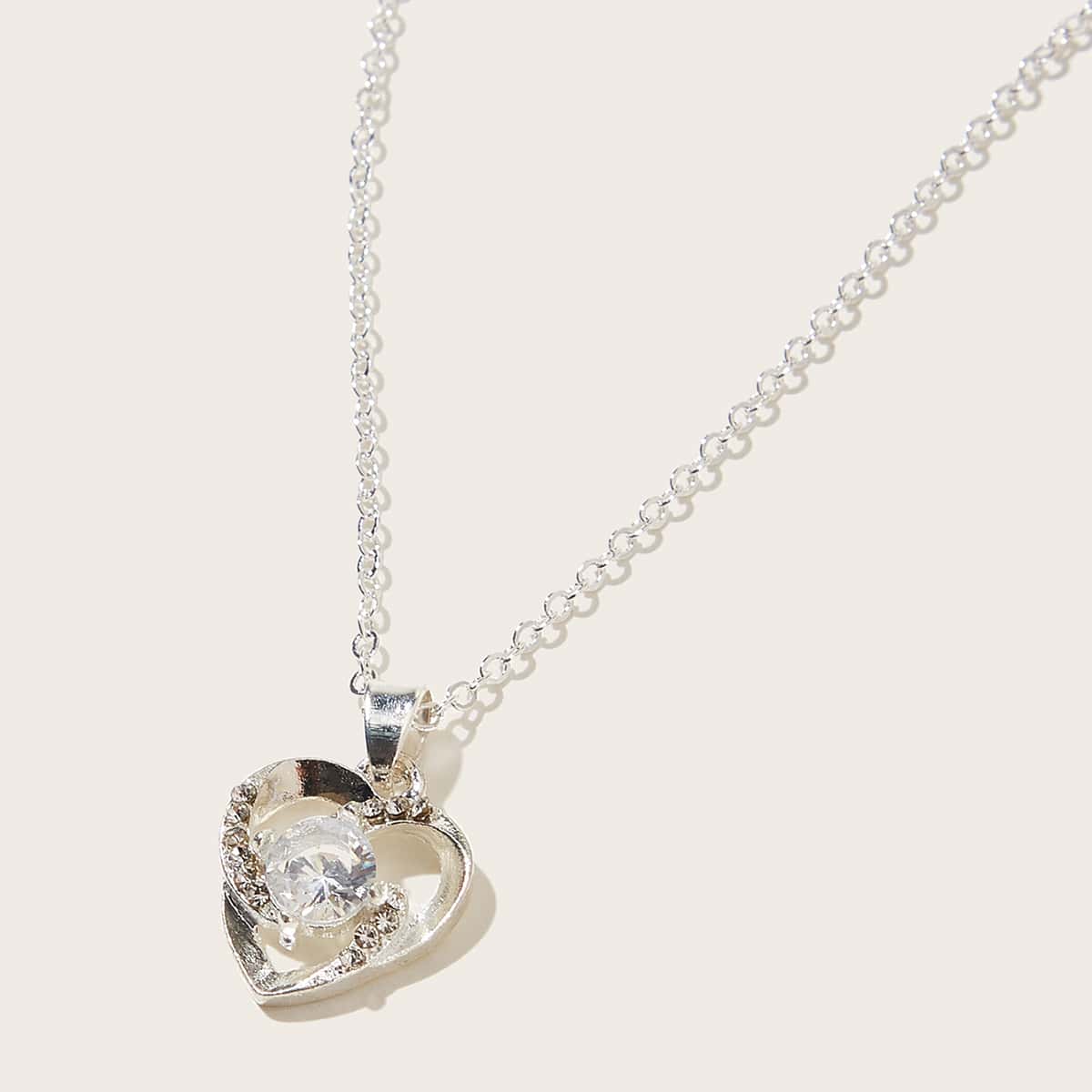

1pc Crystal Insert Heart Pendant Necklace, Silver