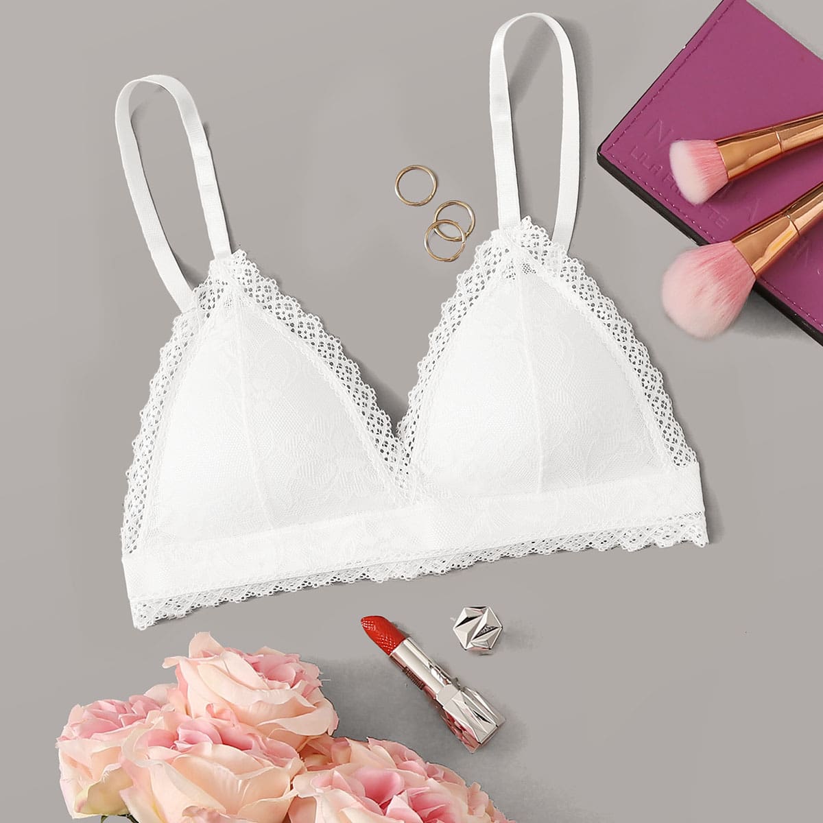 

Lace Spaghetti Strap Bra, White