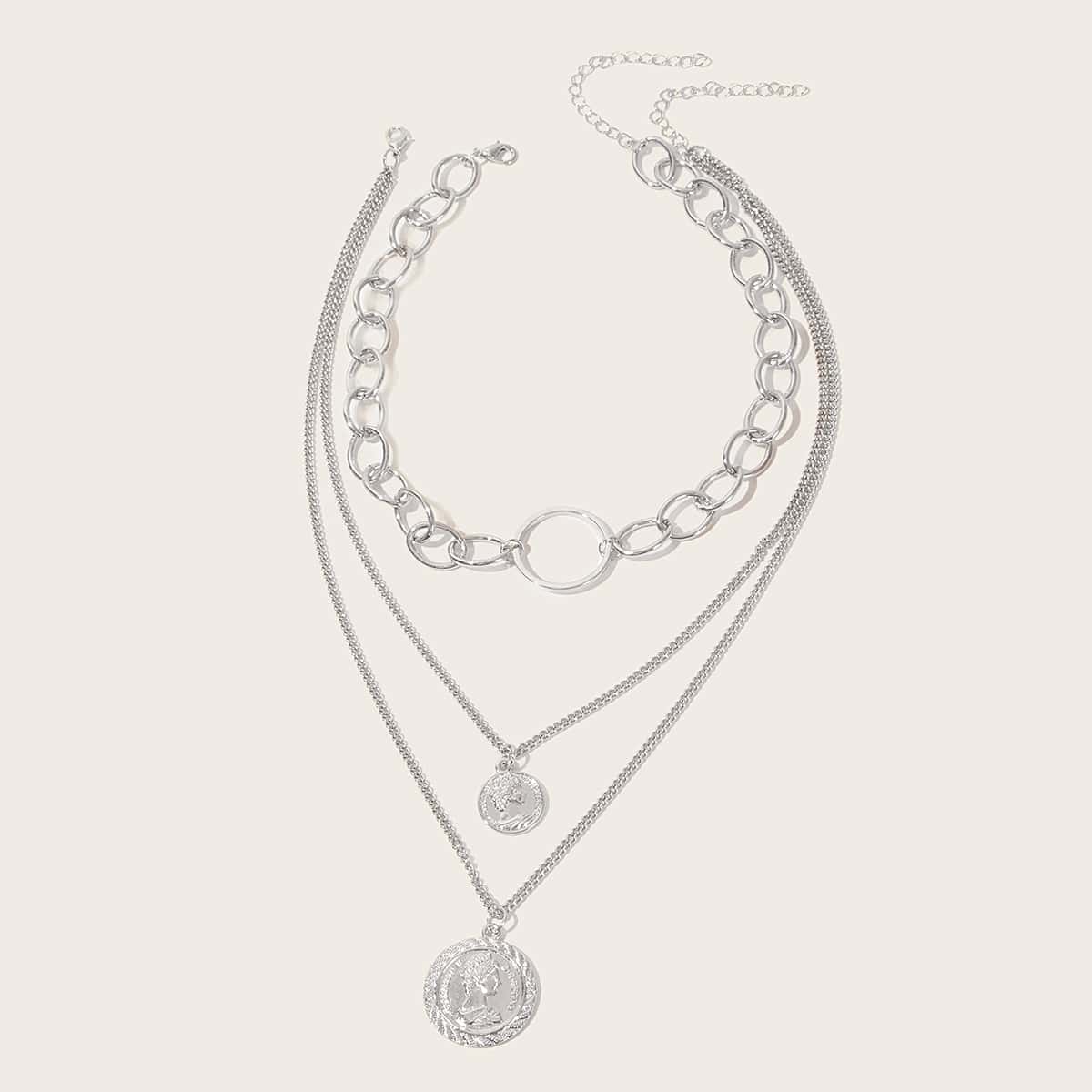 

2pcs Coin Charm Chain Necklace, Silver