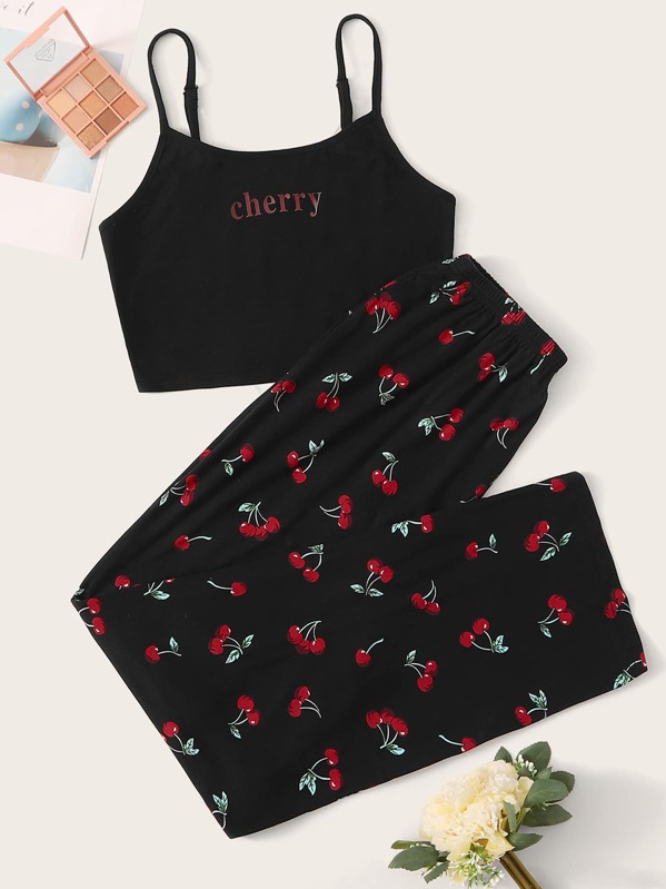 

Cherry Print Cami PJ Set, Black