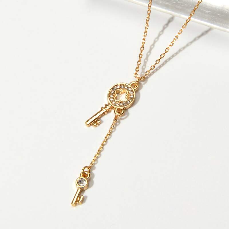 

1pc Rhinestone Key Charm Chain Necklace, Gold