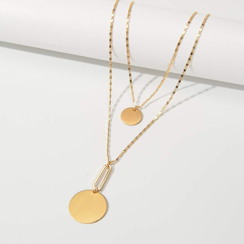 

1pc Round Disc Layered Chain Necklace, Gold