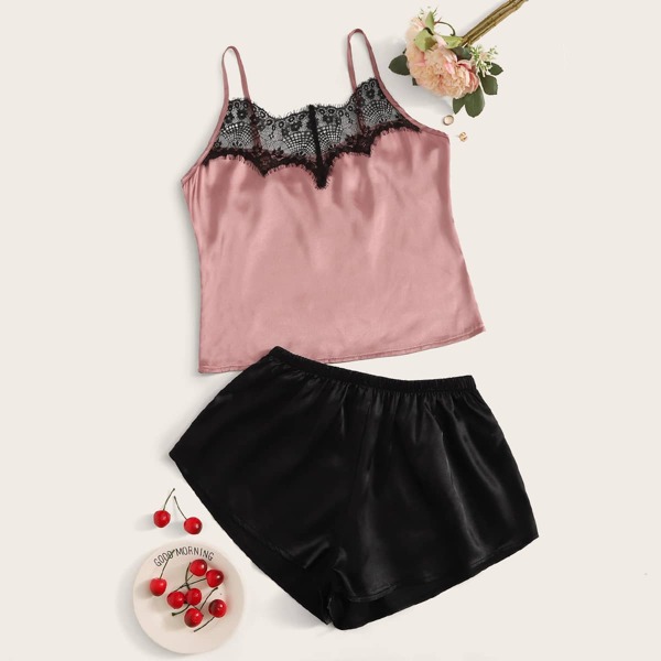 

Contrast Lace Satin PJ Set, Multicolor