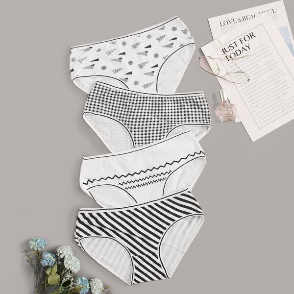 

4pack Mixed Print Panty Set, Black and white