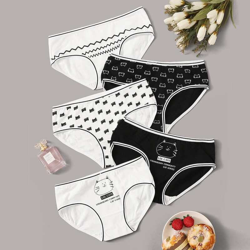 

5pack Cartoon Cat Print Panty Set, Black and white
