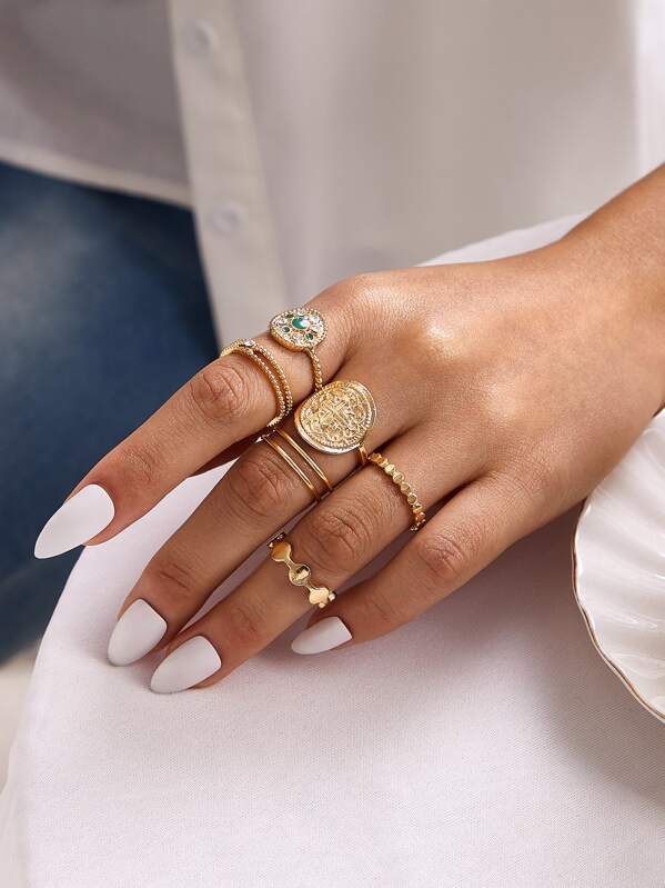 

7pcs Rhinestone Ring Pack, Gold