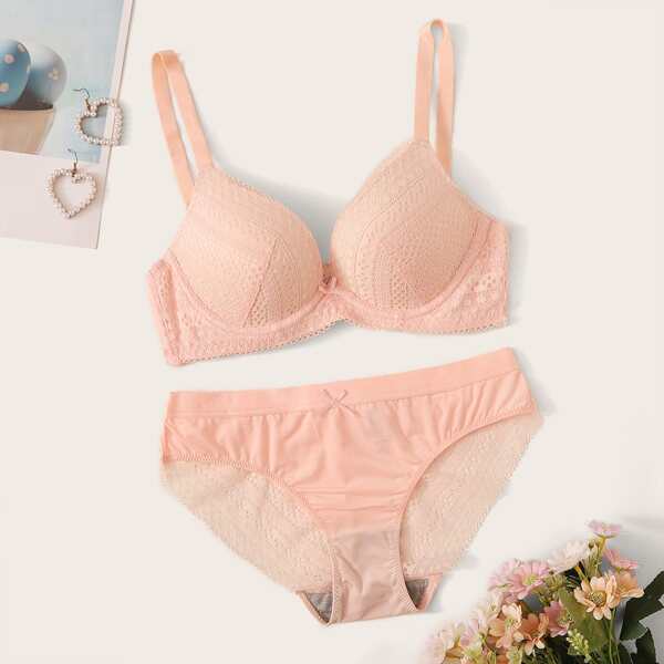 

Contrast Lace Underwire Lingerie Set, Pink pastel