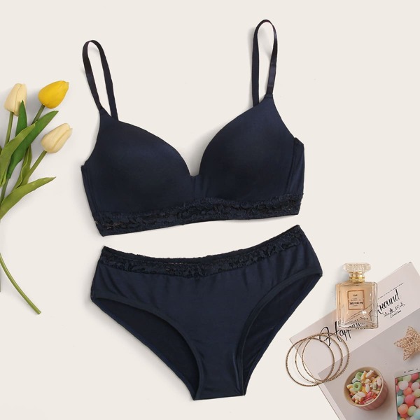 

Lace Trim Lingerie Set, Navy