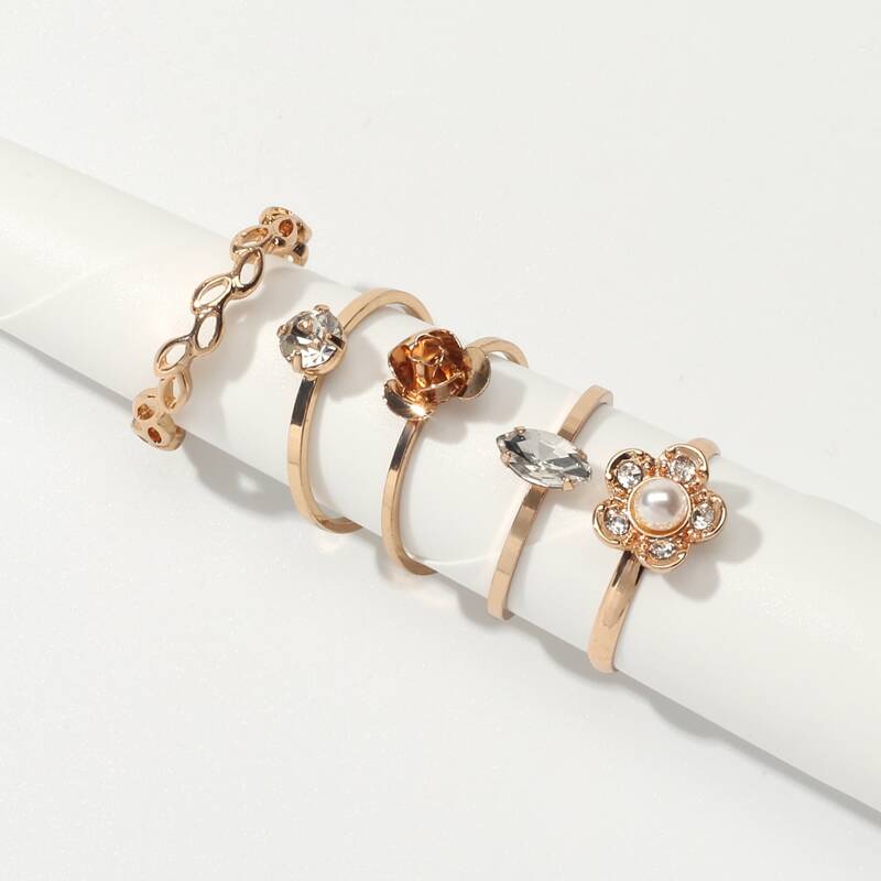 

5pcs Flower Rhinestone Ring Set, Multicolor