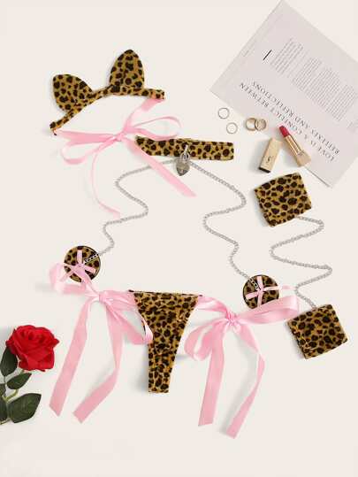 Хэллоуин комплект нижнего белья, наручники и повязка на голову с леопардовым принтом