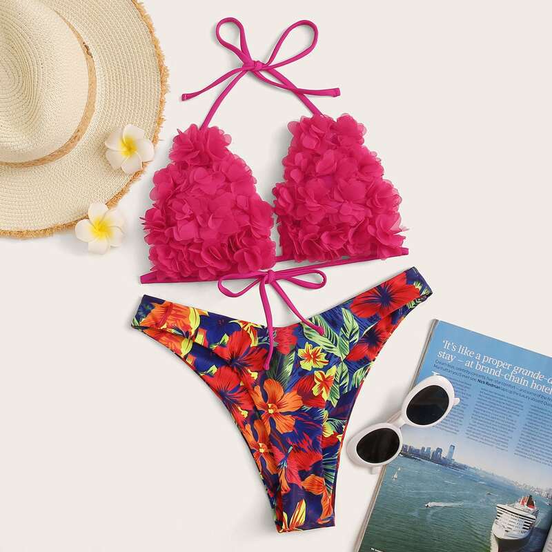 

Flower Appliques Top With Floral Print Bikini Set, Multicolor