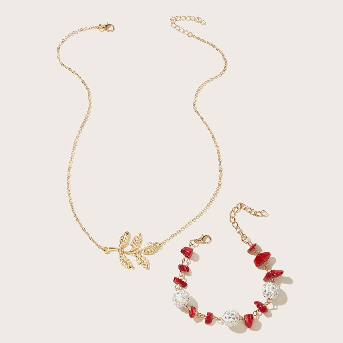 

2pcs Leaf Charm Necklace & Disco Ball Bracelet