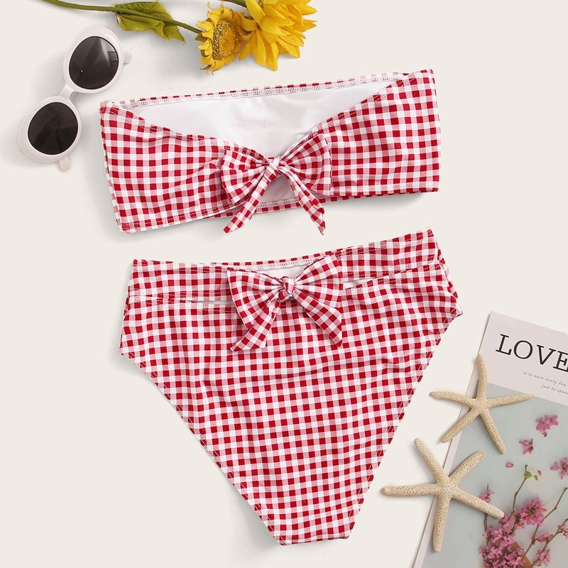 

Gingham Knot Front Bandeau Bikini Set, Red