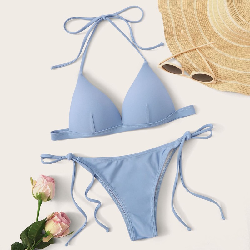 

Solid Triangle Top With Tie Side Bikini Set, Blue pastel