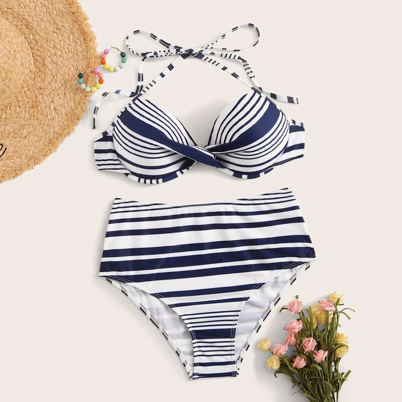 

Striped Twist Halter Bikini Set, Multicolor