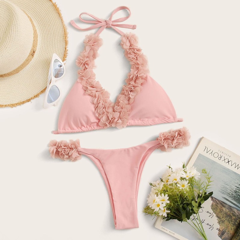 

Flower Appliques Halter Bikini Set, Pink
