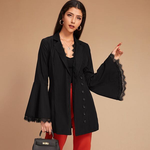 

Contrast Lace Flounce Sleeve Blazer, Black