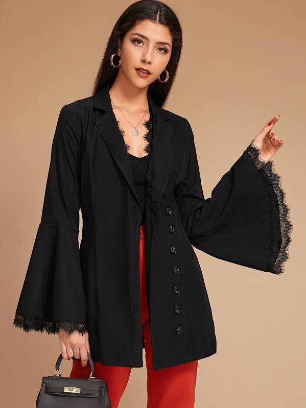 

Contrast Lace Flounce Sleeve Blazer, Black, Taina