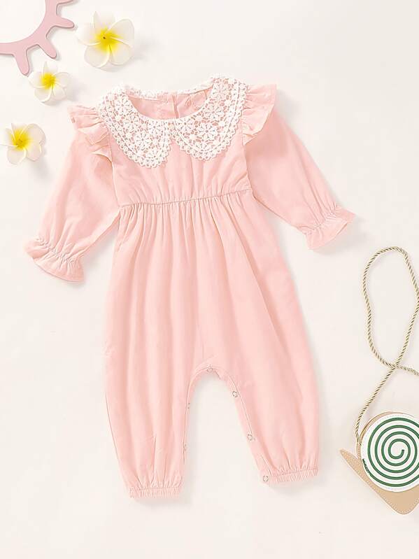

Baby Girl Contrast Lace Ruffle Trim Popper Jumpsuit, Pink