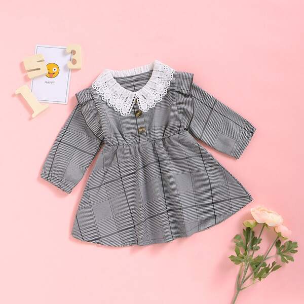 

Baby Girl Contrast Lace Ruffle Plaid A-line Dress, Grey