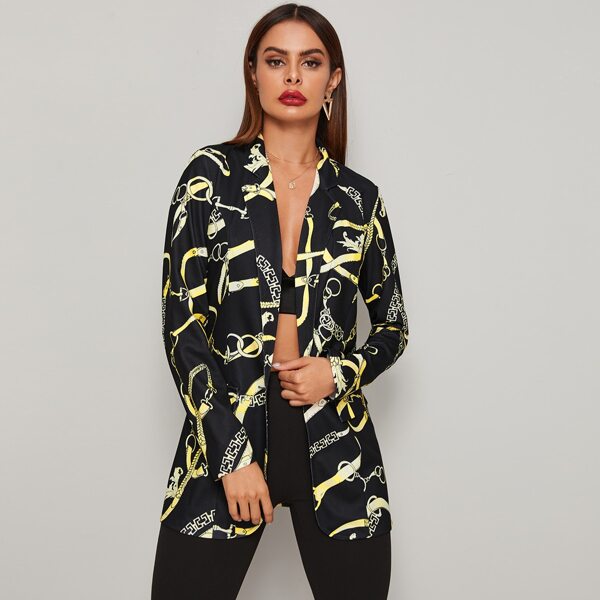 

Lapel Neck Chain Print Flap Pocket Blazer, Black