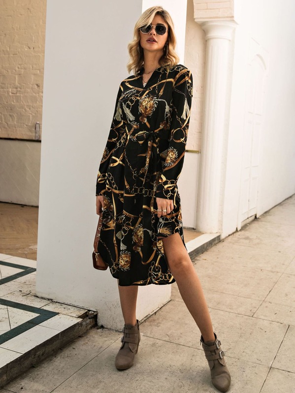

Chain Print Self Tie Shirt Dress, Black