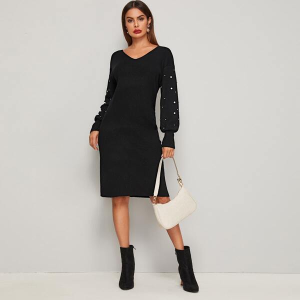 

V Neck Pearls Decoration Sweater Dress, Black