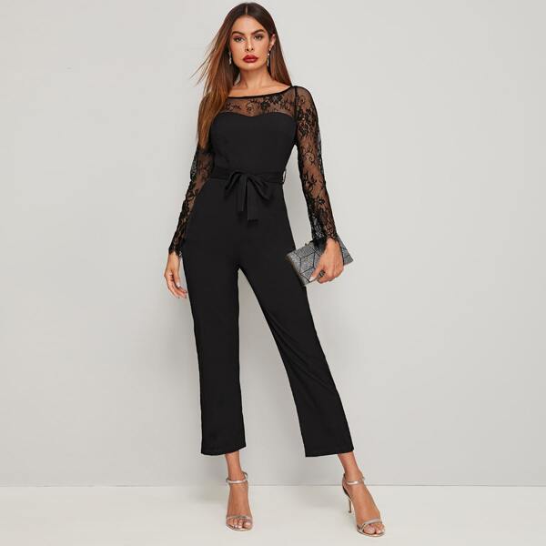 

Lace Panel Slant Pocket Self Tie Jumpsuit