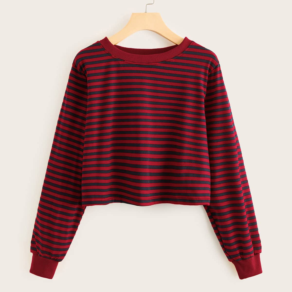 

Striped Round Neck Crop Sweatshirt, Red