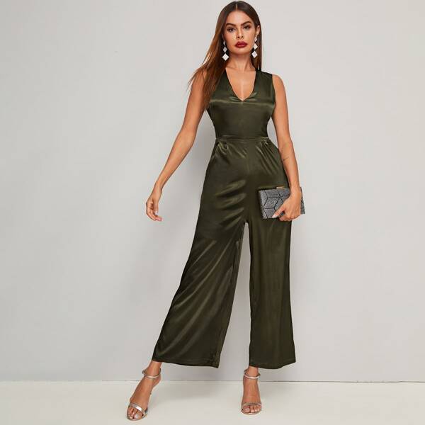 

V Neck Crisscross Back Culotte Jumpsuit, Army green