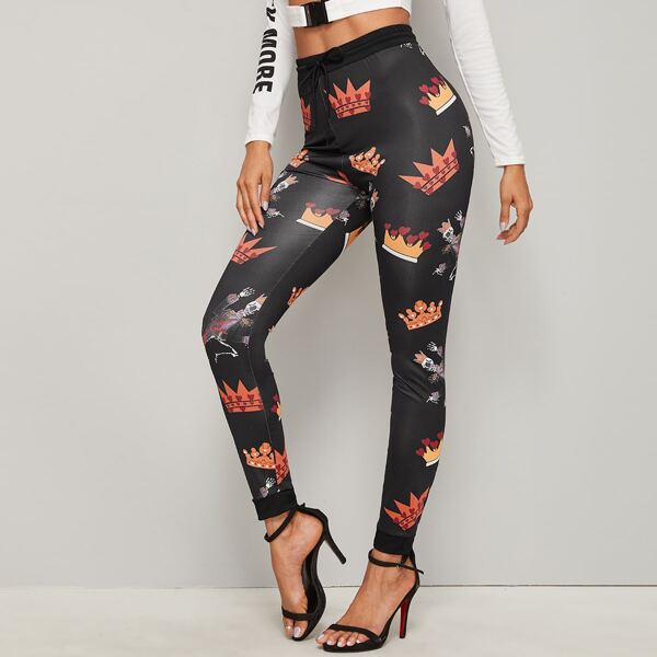 

Halloween Drawstring Waist Skinny Leggings, Black