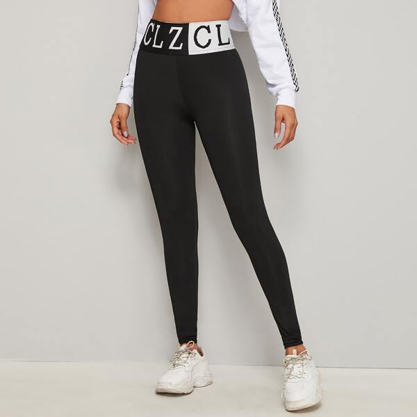 

Letter Graphic Waistband Skinny Leggings, Black