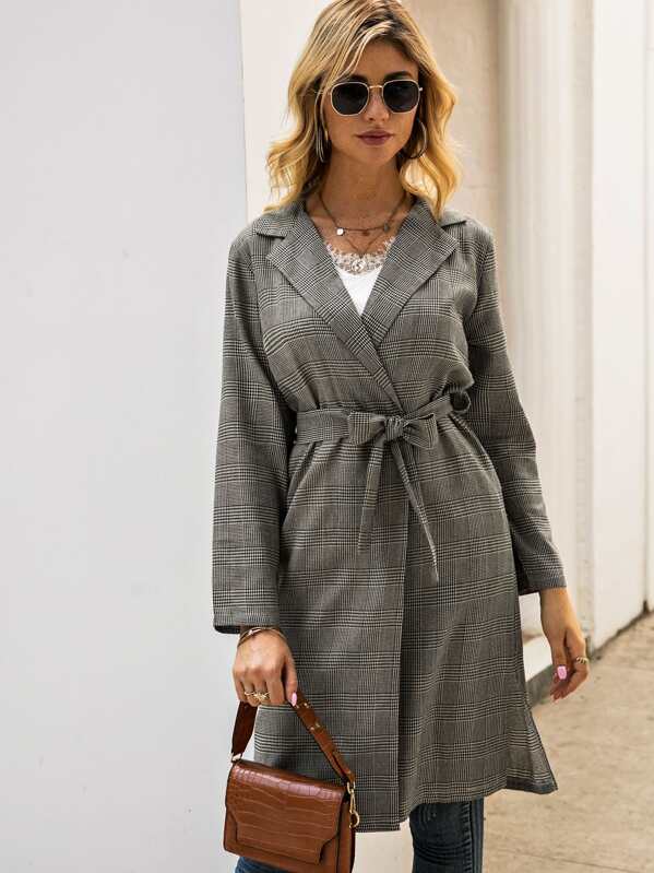 

Lapel Neck Self Tie Plaid Trench Coat, Grey