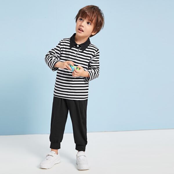 

Toddler Boys Striped Polo Shirt With Sweatpants, Black and white