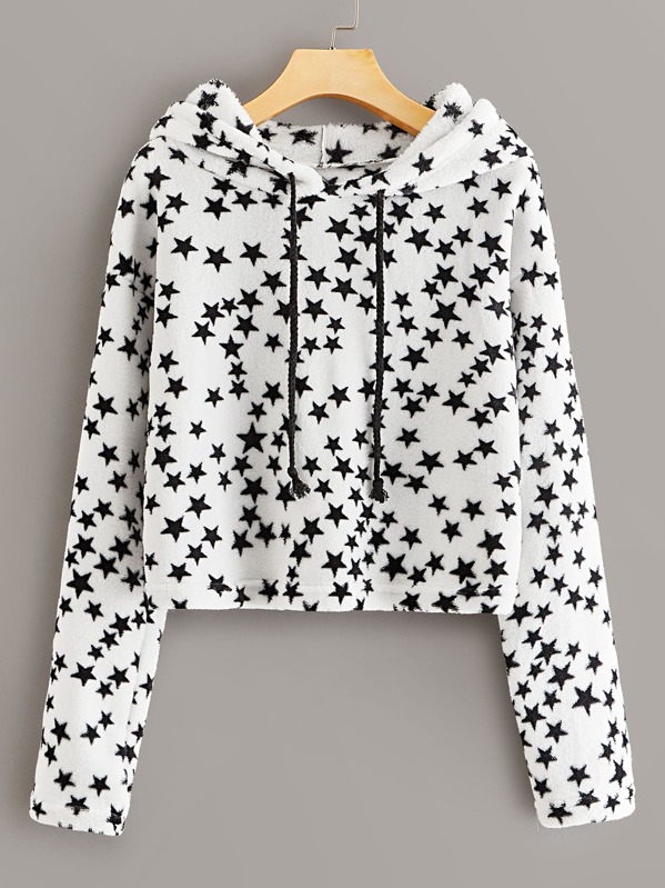 

Fluffy Star Pattern Drawstring Hoodie, Black and white