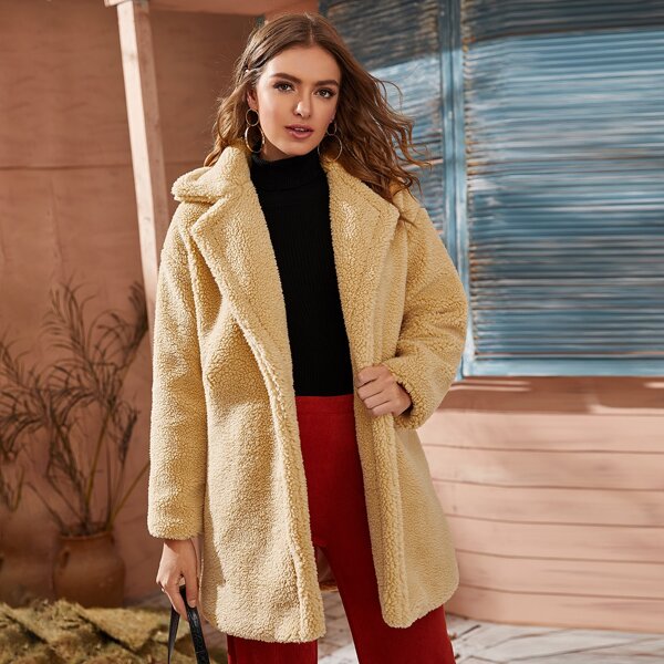 

Waterfall Collar Solid Teddy Coat, Khaki