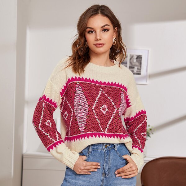 

Drop Shoulder Geo Knit Sweater, Multicolor