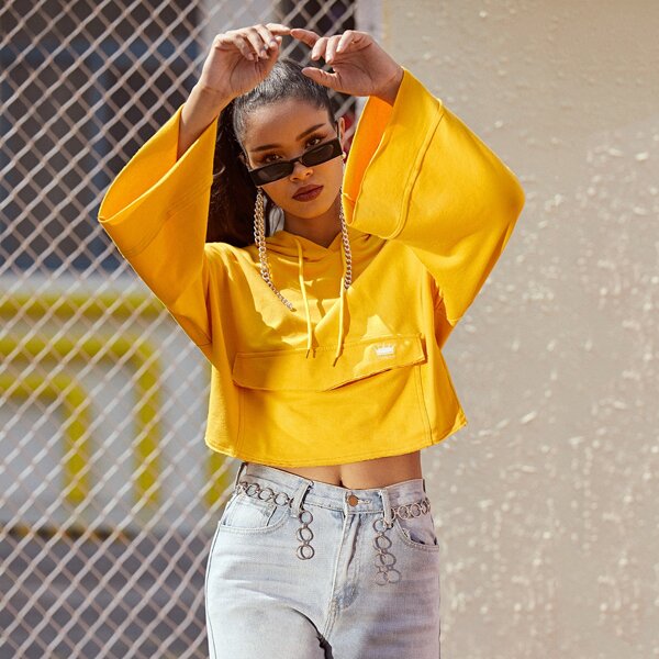 

Embroidered Detail Pouch Pocket Bell Sleeve Boxy Hoodie, Yellow bright