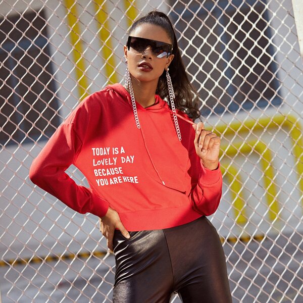 

Drop Shoulder Slogan Graphic Drawstring Hoodie, Red