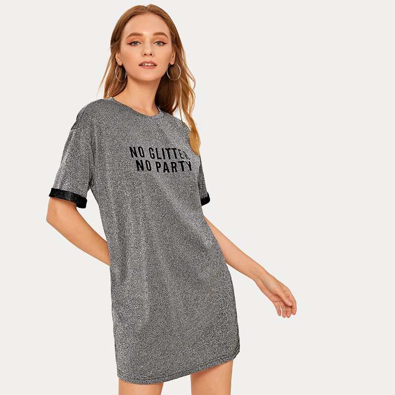 

Slogan Glitter T-shirt Dress, Grey