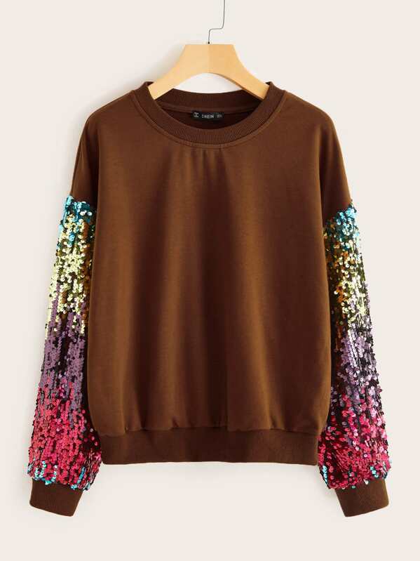 

Colorful Sequin Sleeve Sweatshirt, Brown